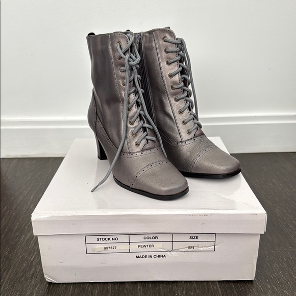 Elegant Pewter Lace-Up Ankle Boots - Picture 2 of 13
